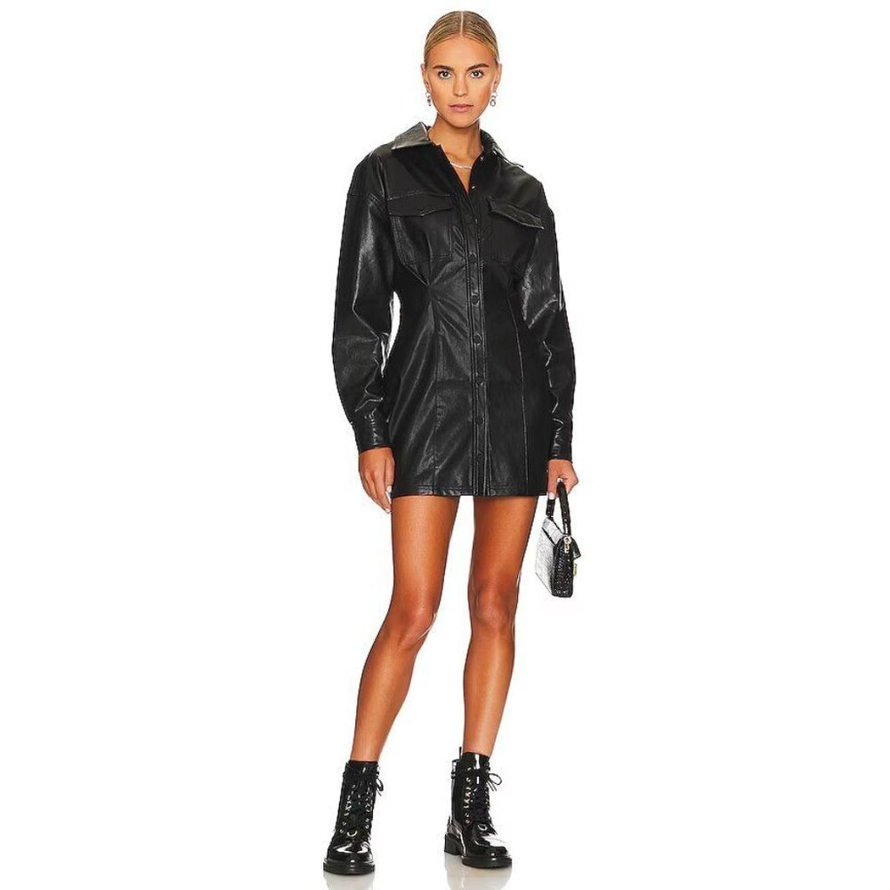 Line & Dot Lou Faux Leather Mini Dress in Black Small Womens Vegan Shirtdress